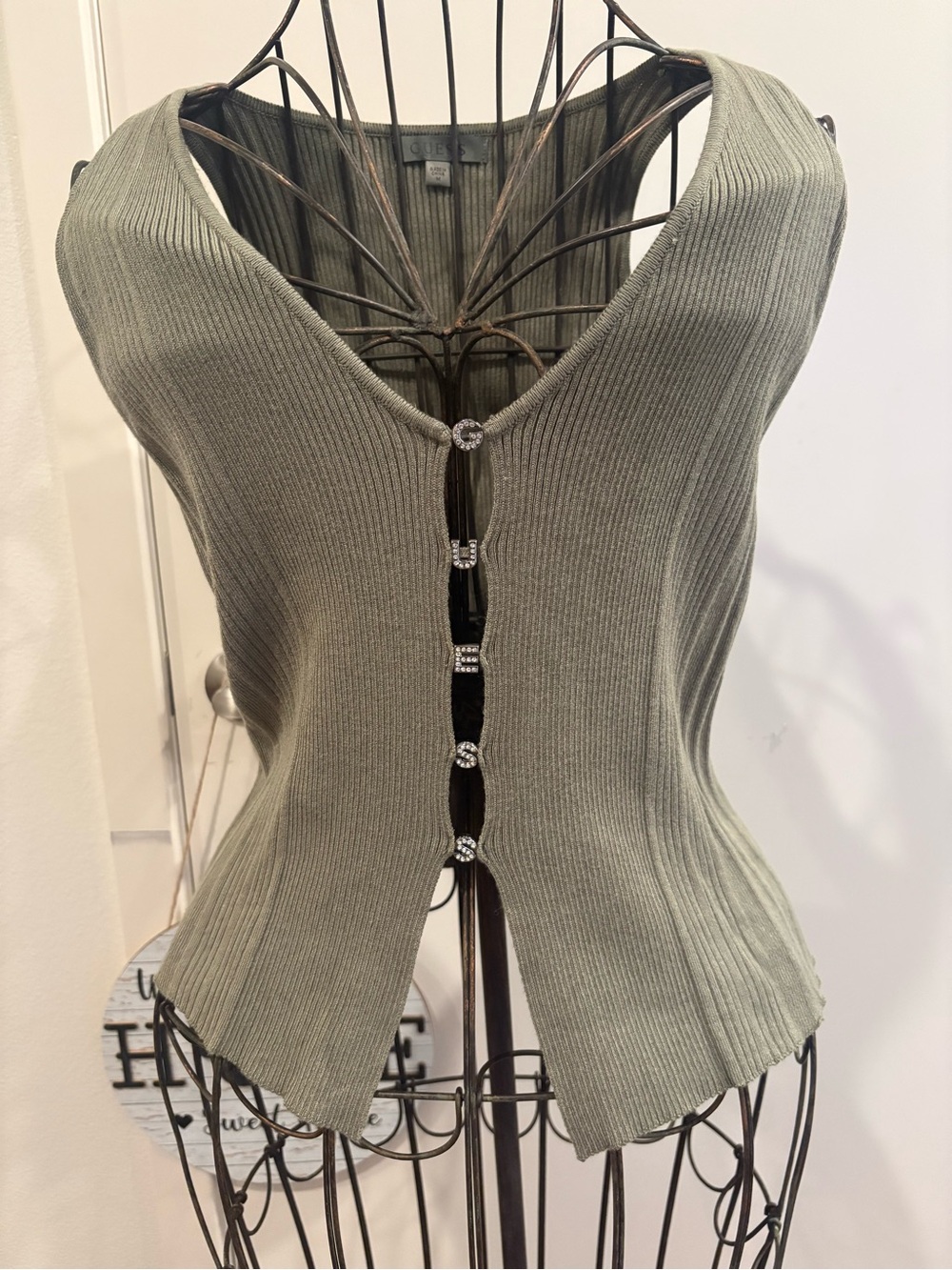 Guess Olive Ribbed Tank with Crystal Logo Buttons